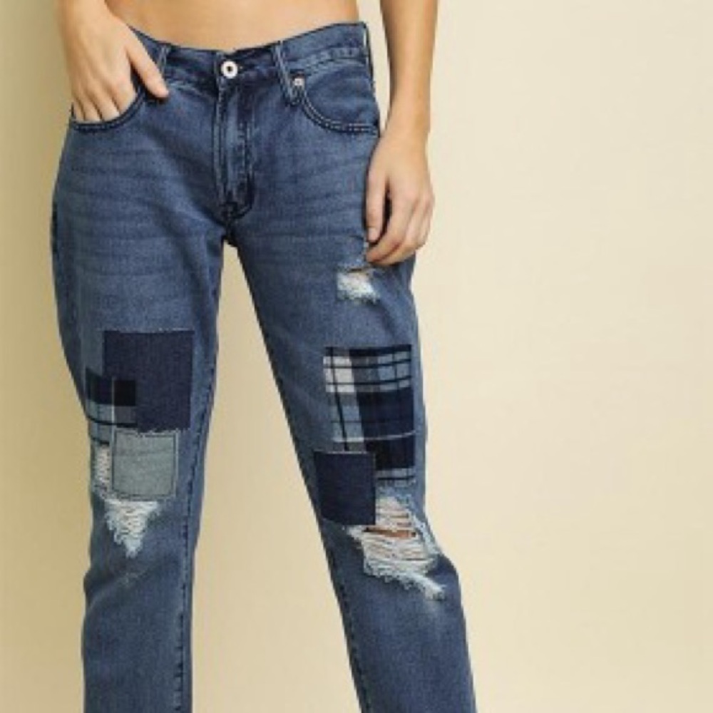 Umgee Distressed Patchwork Boyfriend Jeans